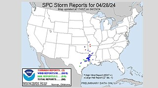 This screenshot shows a map from the National Weather Service that marks the location preliminary reports of strong winds, hail and tornadoes for Sunday, April 28, 2024. (National Weather Service)